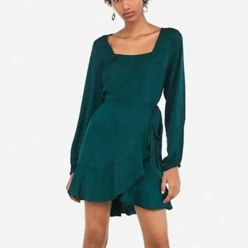 Express Emerald Green Long Sleeve Faux-Wrap Ruffle Mini Dress Women's Size XS